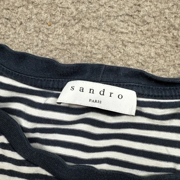 Sandro Paris Shirt Womens Medium M Black Short Sleeve Striped Crop - Picture 9 of 9